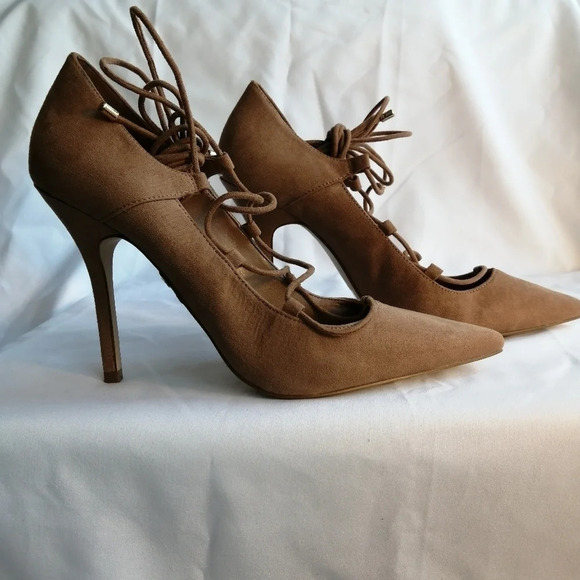 Aldo Tan Suede Kenneson Lace Up Stiletto Heel Pointed Toe Pumps 7.5 - Picture 5 of 16